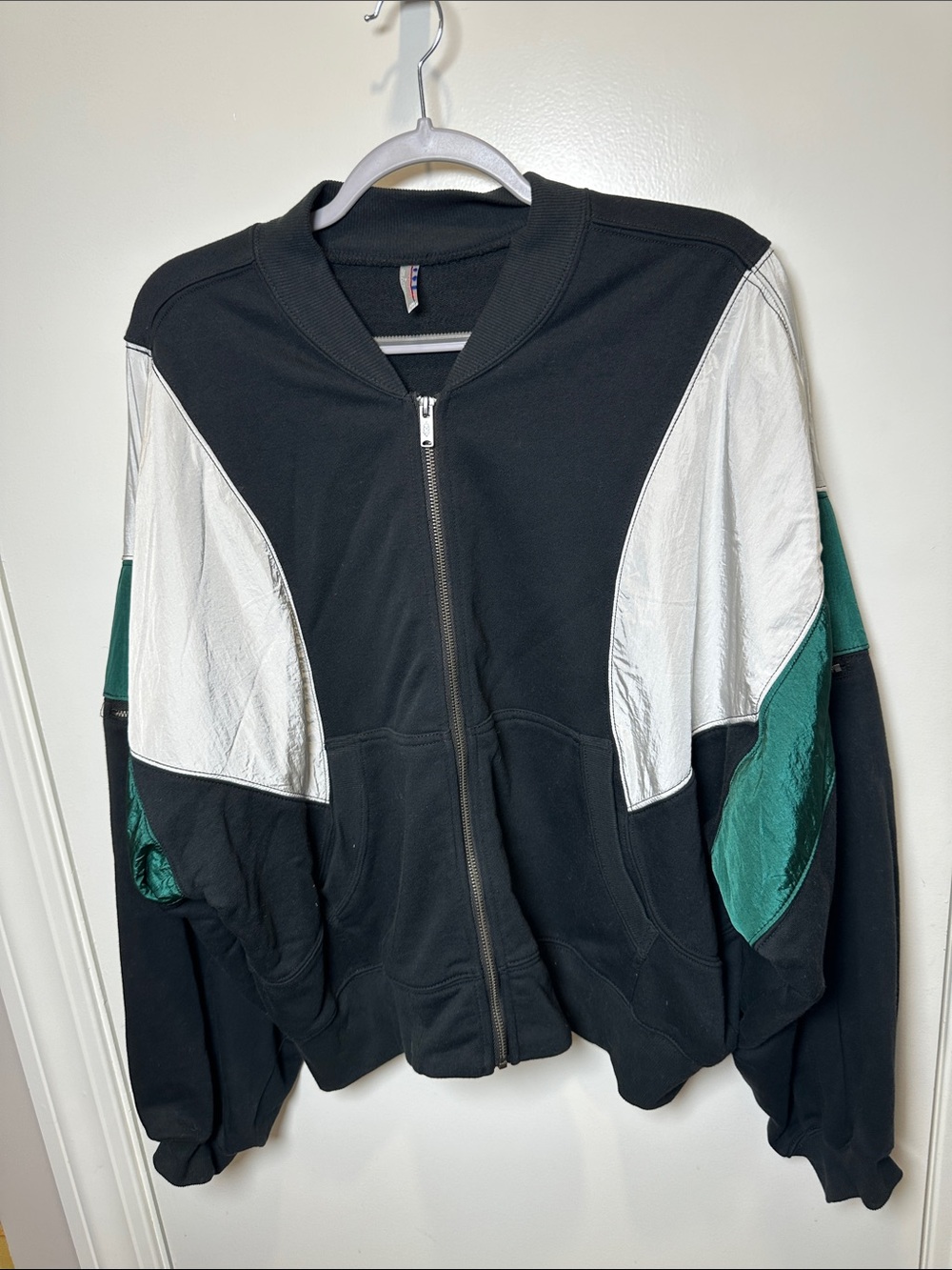 Free People Black, White & Green Colorblock Varsity Bomber Jacket (001)